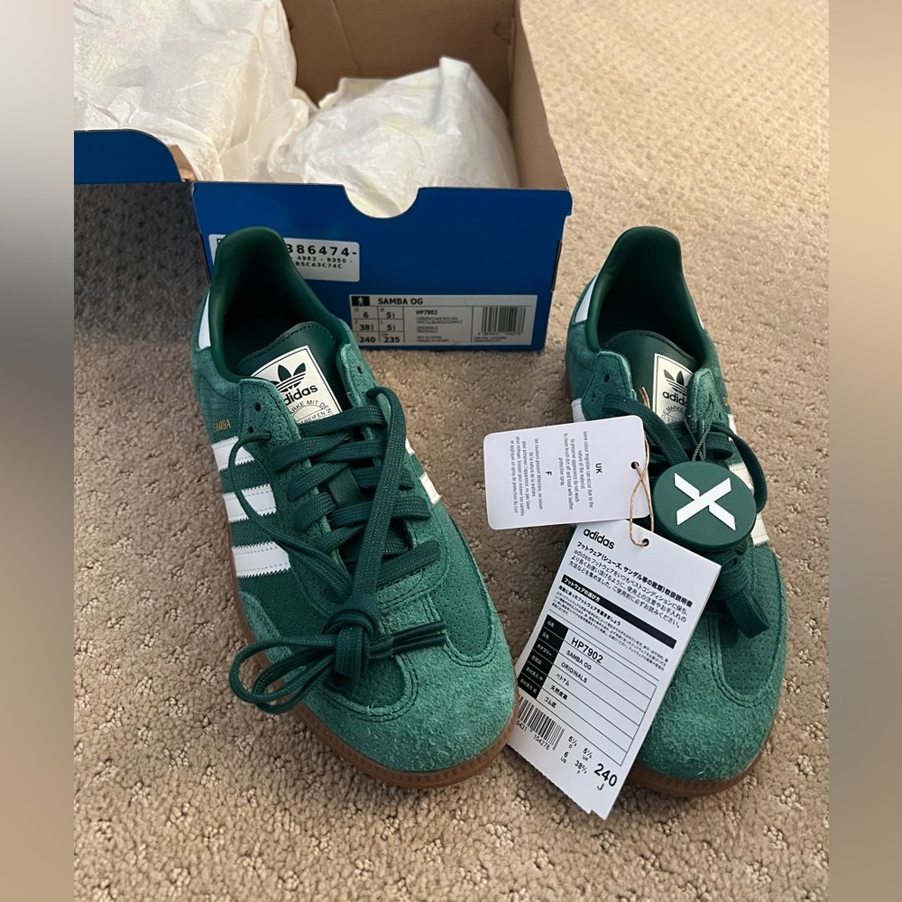 Brand new, never worn Adidas Sambas OG green